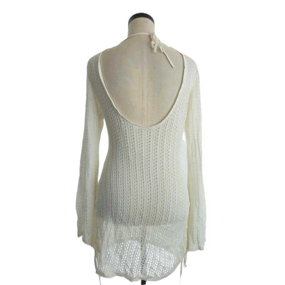 Womens S White Viscose Crochet Knit Swim Cover Up Long Sleeve Beach Dress - Picture 4 of 8